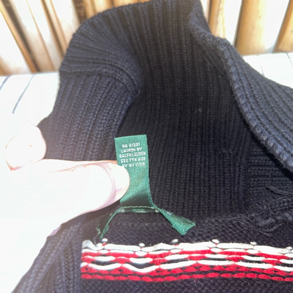 LAUREN RALPH LAUREN Fair Isle Nordic Black Multicolor Shawl Collar Sweater Sz M - Picture 7 of 11